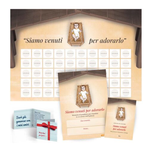 Pacchetto che contiene il kit "Siamo venuti per adorarlo": 100 pieghevoli + 2 cartelloni + 1 locandina + 1 opuscolo per la liturgia + cartoncini oro, incenso e mirra + nastro biadesivo