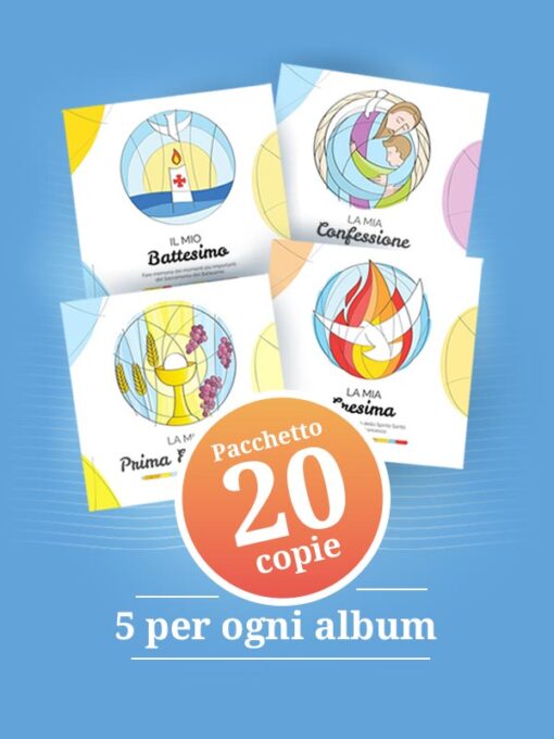 Pacchetto che contiene 5 copie di "Il mio Battesimo" + 5 copie di "La mia Confessione" + 5 copie di "La mia Prima Eucaristia" + 5 copie di "La mia Cresima" + 1 copie di "Venite alle nozze" + 1 copia di "Io ti Battezzo"
