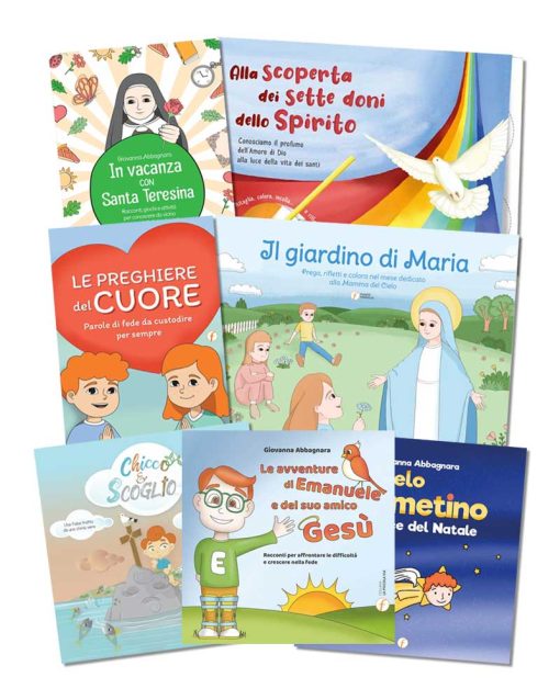Pacchetto che contiene: “Le avventure di Emanuele e del suo amico Gesù” + “Alla scoperta dei sette doni dello Spirito” +  “In vacanza con Santa Teresina” + “Il giardino di Maria” + “Le preghiere del cuore” + “Chicco & Scoglio” + “L’angelo Cometino e la luce del Natale”  + in regalo “Benvenuti a casa Martin“