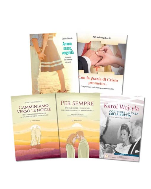 Pacchetto che contiene: “Amore, sesso, verginità” + “Camminiamo verso le nozze” + “Per sempre” + “Costruire la casa sulla roccia” + “Con la grazia di Cristo prometto…” + in regalo “Il Giubileo dell’amore”